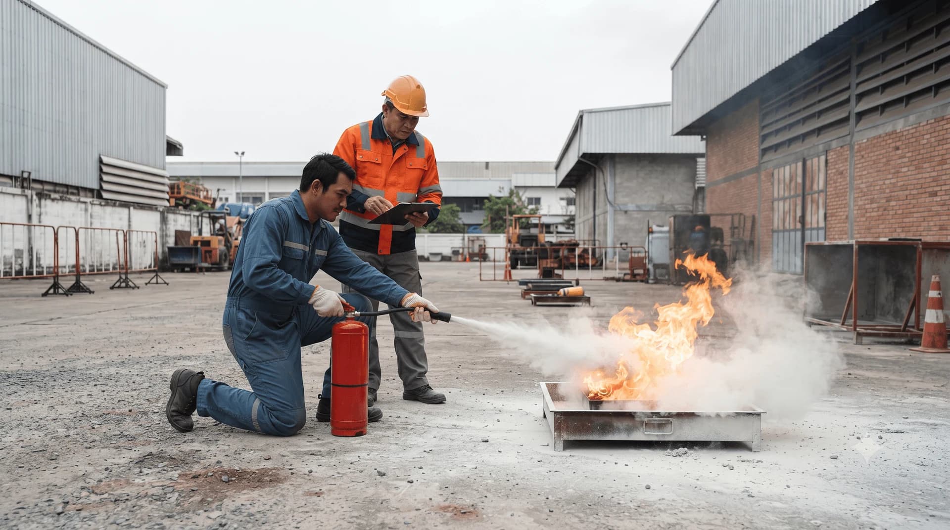 Huấn luyện đội phòng cháy cơ sở thực hành dập lửa tại công trình