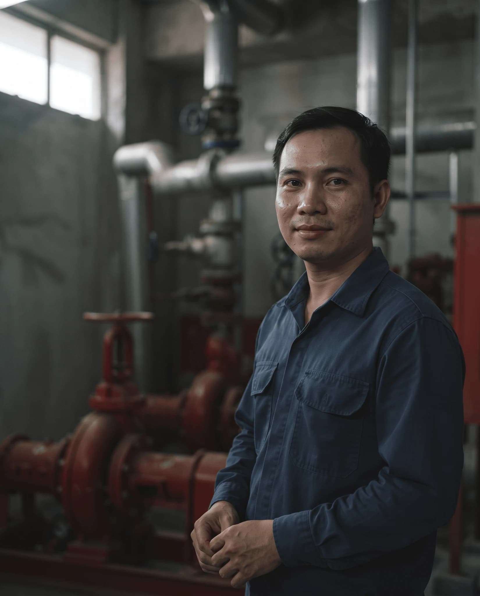 Kỹ sư vận hành đứng cạnh cụm bơm chữa cháy trong phòng kỹ thuật